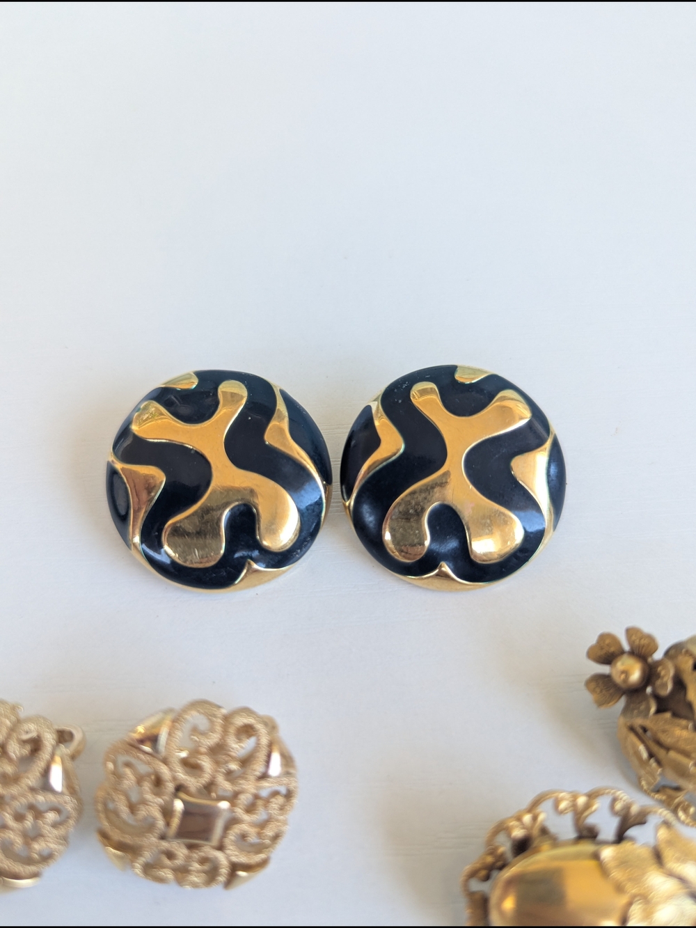 Round Black and Gold Statement Clip-On Earrings - Women Jewelry (Bundle) - Picture 3 of 8